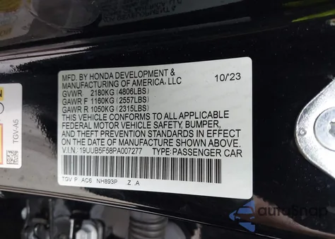 2023 Acura Tlx A-Spec Package z USA, uszkodzony, nr VIN 19UUB5F58PA007277